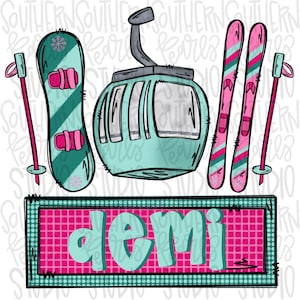 May include: A teal blue ski lift with a pink and teal striped ski and a teal blue snowboard with a snowflake design. The text "demi" is written in teal blue letters on a pink and white checkered background.