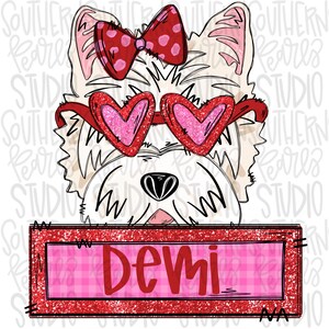 May include: A white West Highland Terrier illustration wearing red heart-shaped glitter glasses and a red polka dot bow. Below the dog is a rectangular red glitter frame containing the name Demi in red text over a pink checkered background.