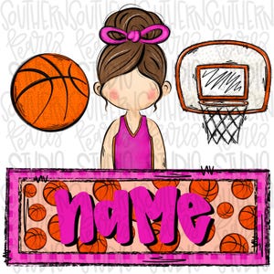 May include: A digital illustration featuring a cartoon girl with a pink bow, basketball, and hoop. A banner at the bottom has the word "name" in pink, surrounded by basketballs. The background is white with the words "SOUTHERN PEARLS STUDIO".