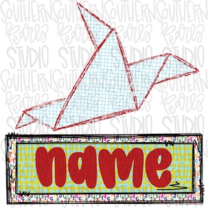 May include: A digital illustration featuring a red outline of a bird made of geometric shapes, above a rectangular sign. The sign has a yellow and blue plaid background with the word "name" in red, outlined in black. The border is decorated with letters and numbers.
