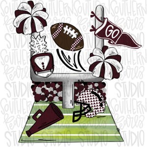 May include: A digital illustration featuring a football goalpost, a brown football, two pom-poms, a maroon megaphone, a patterned helmet, and a maroon pennant with the text GO. The scene includes a green field and a crowd of maroon circles.