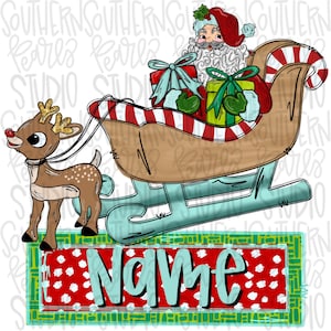 May include: A festive illustration of Santa Claus in a sleigh pulled by a reindeer. The sleigh is filled with wrapped gifts. The word "Name" is displayed on a red and white polka dot background with a green border. A Christmas-themed design.