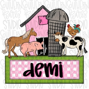 May include: A pink barn with a silo, a brown horse, a pink pig, a black and white cow, and a rooster. The barn has a sign that says "demi".