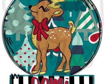May include: A circular graphic featuring a brown reindeer with gold glitter antlers and hooves, wearing a red bow. The background shows stylized teal and white Christmas trees. Below the circle is a black and white striped rectangle with the name Demi.