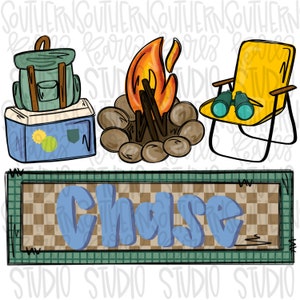 May include: A camping themed digital clipart set with a green backpack, a blue cooler, a campfire with orange flames, a yellow camping chair with binoculars, and a sign with the name "Chase" in blue letters.