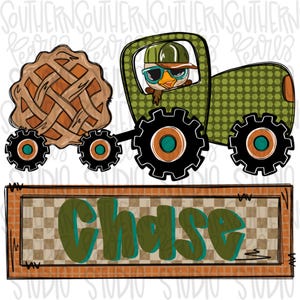 May include: A green tractor with a brown pie in the back. A cartoon turkey wearing sunglasses is driving the tractor. The tractor has a brown and green checkered sign with the name "Chase" on it.