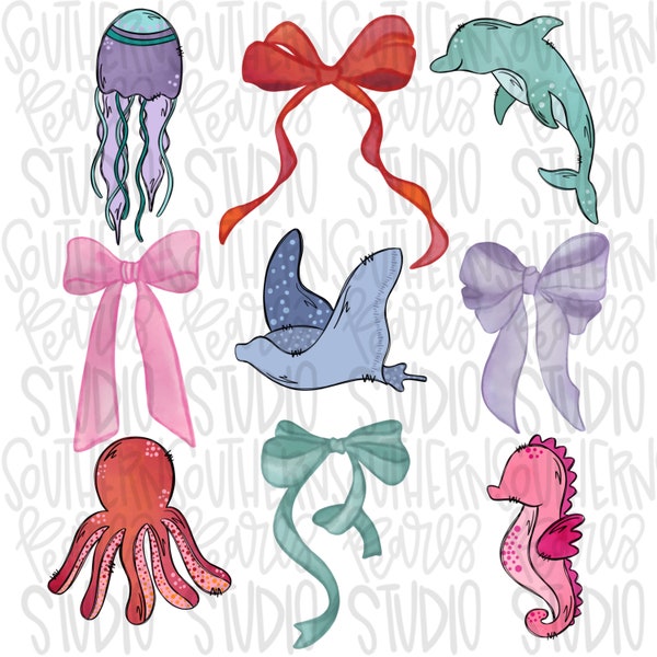 Sea Animals Bow Collage | Couquette | Sublimation Design | Digital Download | Women’s, Kids Shirt PNG