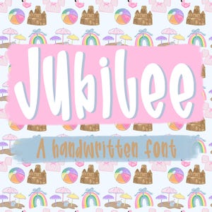 May include: A repeating pattern background featuring illustrations of sandcastles, beach balls, rainbows, and pink swimsuits. The text Jubilee is displayed in large white letters over a pink brush stroke, with A handwritten font below.
