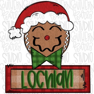 May include: A festive gingerbread man illustration, sporting a red Santa hat and a green plaid bow tie. The gingerbread man features a red nose and a smiling expression. Below, a red rectangle displays the name "LOCHIAN" in green, set against a plaid backdrop.