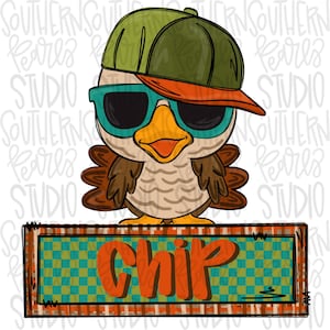 Puede incluir: Un búho de dibujos animados que lleva una gorra de béisbol verde con una visera naranja, gafas de sol azules y un cuerpo con estampado marrón y blanco. El búho está de pie sobre un letrero con la palabra "Chip" en letras naranjas sobre un fondo a cuadros.