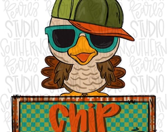 May include: A cartoon turkey wearing a green and orange baseball cap and teal sunglasses, positioned above a rectangular sign with a teal and orange checkered pattern that features the orange text Chip in a bold, rounded font style.