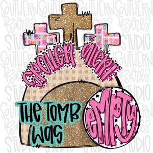 May include: A graphic design featuring three crosses, with the center cross in gold glitter and two side crosses in a pink floral pattern. The text reads "SPOILER ALERT! THE TOMB WAS EMPTY" in bold pink and black lettering with a black and white polka dot border.