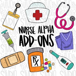 May include: A collection of medical-themed illustrations featuring a yellow ID badge, a white nurse cap with a red cross, a pink stethoscope, a green syringe, a purple scrub top, a tan bandage, an orange pill bottle, and a digital thermometer.