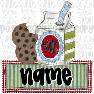 Leche y galletas con parche de nombre para niña png / Diseño navideño png / Diseño de sublimación / Descarga digital / Camiseta para mujer, niña PNG