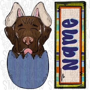 May include: A brown Labrador Retriever wearing bunny ears, emerging from a blue and white striped Easter egg. A vertical name tag with the word "Name" in blue script is on the right, with a colorful striped border.