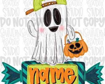 Boy ghost holding trick or treat basket with candy as a name patch | Sublimation Design | Digital Download | Women’s, Kids Shirt PNG