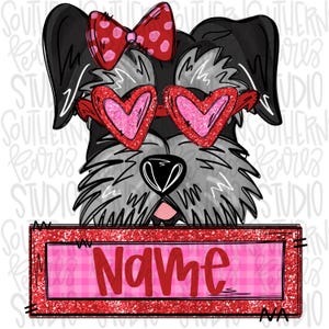 May include: A graphic illustration of a black and gray dog wearing red heart-shaped glasses and a red bow with pink polka dots. Below the dog is a rectangular sign with a pink checkered background and a red glitter border featuring the text Name.