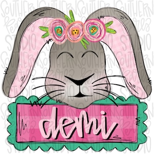 Op de afbeelding: Een grijs konijn met roze oren en een roze bloemenkrans. Het konijn houdt een roze en groen bord vast met de naam "demi" in roze letters.