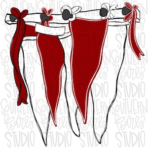 May include: A digital illustration of a festive bunting banner featuring four triangular pennants hanging from a horizontal line. The pennants alternate between solid red and white outlines, accented with red bows at the top of each hanging point.