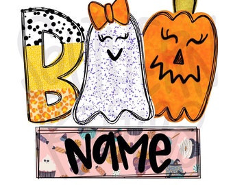 May include: A graphic design featuring the word BOO with a letter B patterned in black dots, yellow, and leopard print. A white ghost with purple glitter and an orange bow stands next to an orange pumpkin. Below is a pink box with the word NAME.