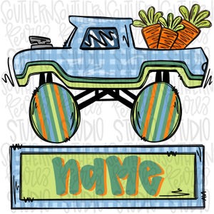 Könnte beinhalten: Ein blauer Monstertruck mit grün-orangefarbenen Streifenrädern. Der Truck hat eine Ladefläche voller Karotten und ein Schild mit der Aufschrift "name".