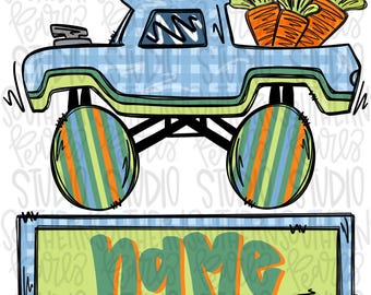 May include: A light blue gingham monster truck illustration featuring large striped wheels and a truck bed filled with three orange carrots with green tops. Below the truck is a rectangular sign with a light green center and the word name.