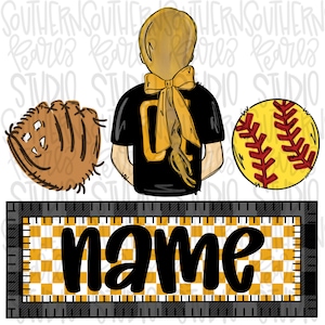 May include: Illustration of a softball theme. Includes a softball, glove, and a person wearing a black jersey with the number "04" in gold. A banner with the word "name" in black letters is also included.