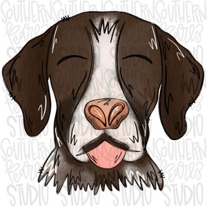 May include: A digital illustration of a brown and white dog head with floppy ears, closed eyes, a pink nose, and a small pink tongue sticking out. The background features a repeating watermark of the text Southern Pearls Studio in light gray.