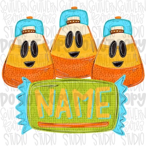 May include: Three candy corn characters with orange and yellow bodies, black oval eyes, and light blue baseball caps, positioned above a rectangular green candy wrapper with the word NAME printed in large orange letters.