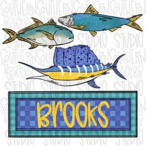 May include: A digital illustration of three fish, a blue marlin, a blue and yellow fish, and a blue and yellow fish with a yellow fin. The fish are on a white background with a blue and green checkered banner with the word "BROOKS" in yellow letters.