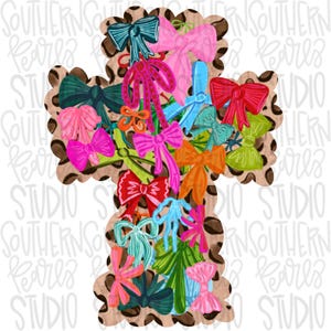 May include: A cross-shaped graphic featuring a tan and brown leopard print background covered in a collage of various bows in shades of pink, red, orange, green, blue, and teal. The design is layered with multiple bow sizes and styles.