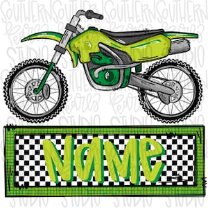 May include: A lime green and black motocross bike illustration. The bike has a black seat, silver accents, and a checkered flag design with the word "NAME" in green. The background is white.