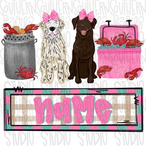 Trío de cangrejos de río hervidos con labrador de chocolate y Pirineos / parche con nombre de niña / Temporada de cangrejos de río / Descarga digital / Camiseta PNG para mujer y niño