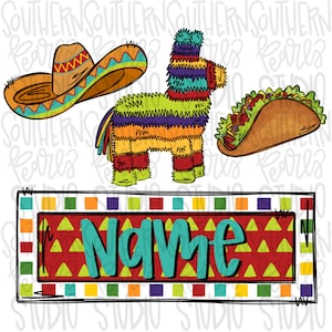 May include: A colorful printable design featuring a sombrero, a pinata, a taco, and a banner with the word "Name". The design is perfect for a fiesta or Cinco de Mayo party.