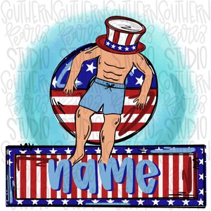 Peut inclure: Une illustration numérique d'une personne portant un chapeau d'Oncle Sam rouge, blanc et bleu et un short de bain bleu, flottant sur une bouée gonflable rouge, blanche et bleue. La bouée est décorée d'étoiles et de rayures. L'arrière-plan est une aquarelle bleu clair. Le texte "name" est écrit en lettres bleues sur une bannière à rayures rouge, blanche et bleue.