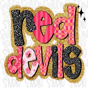 May include: A graphic design featuring the text "red devils" in a stylized font. The letters have varied patterns including black and white speckles, pink vertical stripes, and pink and orange checkered waves, all outlined in a gold glitter border.