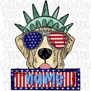 Op de afbeelding: Een cartoon illustratie van een golden retriever met een zonnebril met het Amerikaanse vlagontwerp en een kroon van het Vrijheidsbeeld. De naam van de hond staat op een rood-wit-blauwe banner.