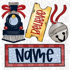 Pode incluir: Ilustração festiva com um comboio azul marinho com laço vermelho, um bilhete amarelo com a palavra "Believe" e um sino prateado com fita vermelha. Inclui também uma etiqueta retangular com a palavra "Name". O design tem um tema de feriado.