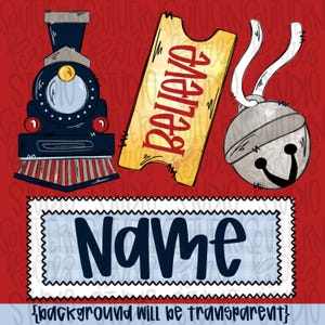 Könnte beinhalten: Digitale Illustration mit einem blauen Zug, einem gelben Ticket mit dem Wort „Believe“ und einer silbernen Glocke mit weißem Band. Ein rechteckiger Rahmen mit dem Wort „Name“ befindet sich unten. Der Hintergrund ist rot.