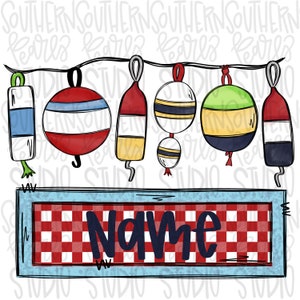 May include: A blue and white checkered sign with the word "Name" in black text. Above the sign are nine nautical-themed decorations, including red, white, and blue buoys, and yellow and black striped buoys.