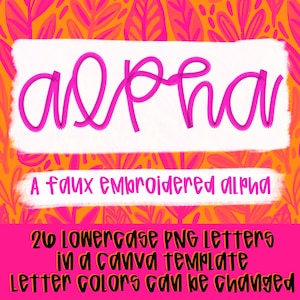 May include: A digital graphic featuring the word alpha in a bright pink, faux-embroidered script font on a white background. Below, the text reads: A faux embroidered alpha. 26 lowercase PNG letters in a Canva template. Letter colors can be changed.
