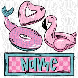 May include: A digital design featuring three pink inflatable pool floats: a heart-shaped float, a mermaid tail float, and a flamingo float. A pink and white checkered sign with the word "NAME" in blue text is below the floats.