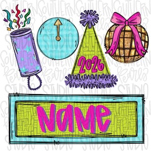 May include: A collection of festive illustrations featuring a party popper, clock, party hat with "2026", a disco ball with a pink bow, and a nameplate with the word "NAME" in bright pink. The designs have a hand-drawn style with a colorful palette.