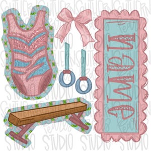 Puede incluir: Un conjunto de clipart digital con temática de gimnasia que incluye un leotardo rosa con purpurina azul y rosa, un lazo rosa, una viga de equilibrio azul y rosa, dos anillos azules y blancos y un cartel rosa con la palabra "Gimnasta" en azul.