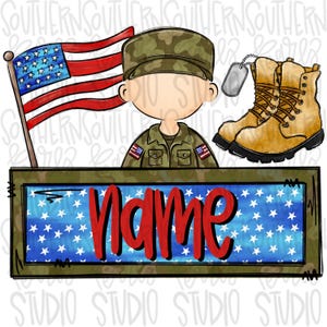 May include: A digital illustration featuring a soldier in a camouflage uniform, a waving American flag, and tan combat boots with a dog tag. Below, a rectangular sign with a blue star-patterned background displays the red text name.