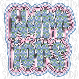 May include: A digital graphic design featuring the text "HAPP IONS" in a bold, bubble-style font. The letters are filled with a blue, pink, and green floral pattern, outlined in thick pink and light blue borders against a blue checkered background.