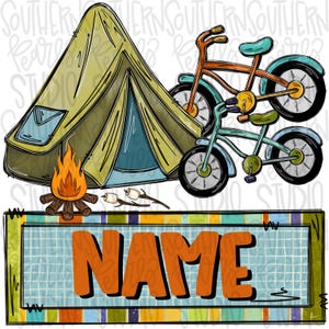 May include: A graphic illustration featuring a yellow tent, a campfire with logs, two marshmallows on sticks, and two bicycles. Below the scene is a rectangular sign with a blue grid pattern and vertical stripes, displaying the word NAME in orange.
