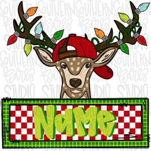 May include: A cartoon deer wearing a red baseball cap and antlers adorned with colourful Christmas lights. The deer has brown spots and a smiling face. Below is a green and red checkered banner with the word "Name" in green.