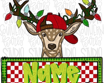 May include: A cartoon deer wearing a red baseball cap with antlers wrapped in colourful Christmas lights. Below the deer is a rectangular sign with a red and white checkered pattern and a green border, featuring the word Name in green text.