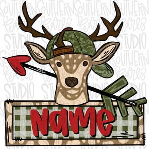 May include: A cartoon deer wearing a camouflage baseball cap and holding an arrow with a heart on the end. The deer is in front of a sign with the word "NAME" in red letters.